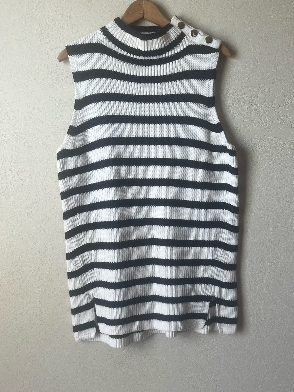 LOFT Striped Sleeveless Knit Top with Button Shoulder (navy and cream)